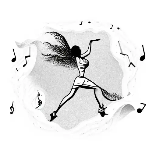 A Woman's Silhouette Dancing On A Beach With Musical Notes Flowing Around Her