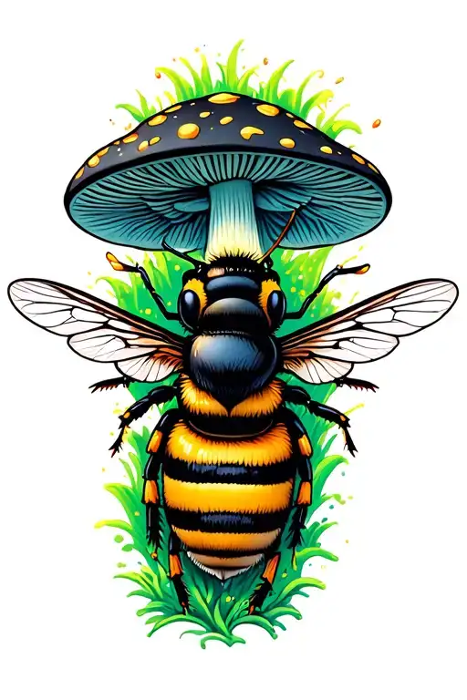 Bumblebee Flies Against The Background Of Acidic Mushrooms
