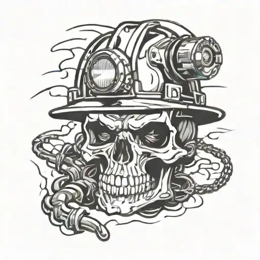 Skull Wearing Underground Hard Hat With Head Lamp Shining