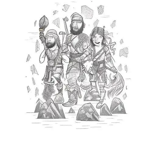 Design A Tattoo Showcasing A Group Of Adventurers On A Quest