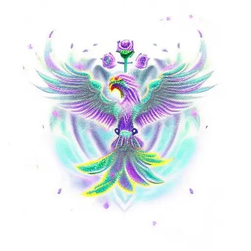 Purple Phoenix With Roses And Skulls