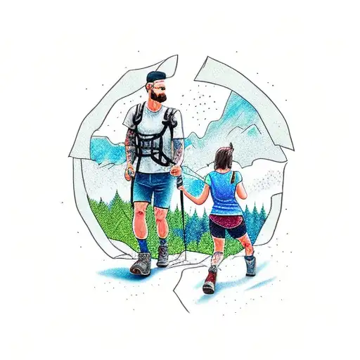 A Tattoo Design Of A Father And Daughter Hiking In The Blue Ridge Mountains
