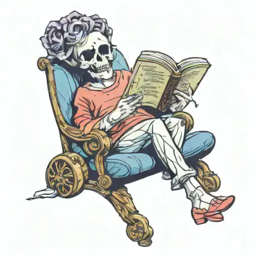 A Whimsical Illustration Of A Mum Reading A Book With A Skull Bookmark