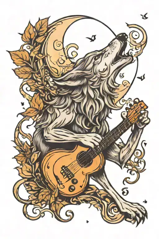 A Wolf Howling At The Moon With A Background Of Vine Leafs And Musical Instruments