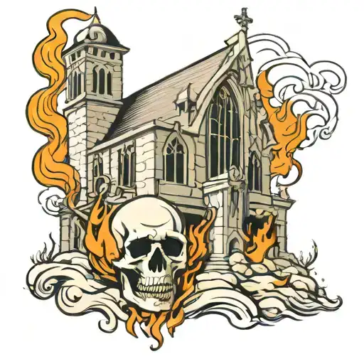 Burning Gothic Monastery Growing Up From The Skull