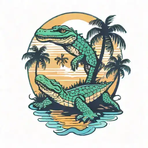 Beach Scene With A Gator Laying Under A Palms Tree During Sunset