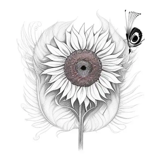 Sunflower With Peacock Feather And Butterfly