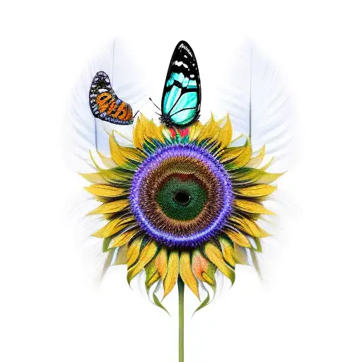 Sunflower With Peacock Feather And Butterfly