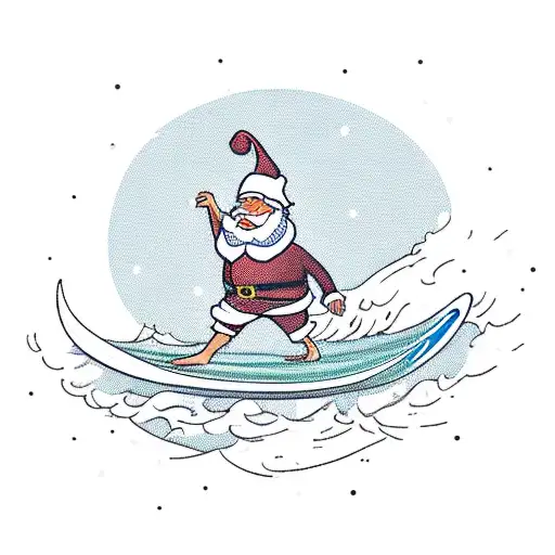 A Surfing Santa Riding A Woodie Car On The Beach