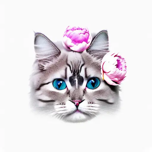 Color Fluffy Cat With Peonies