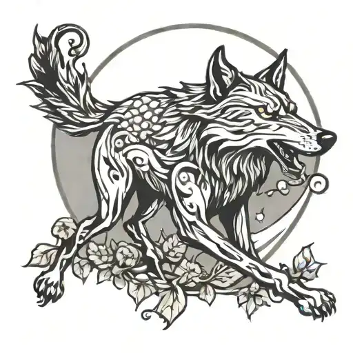 A Wolf Howling At The Moon With A Background Of Vine Leafs And Musical Instruments