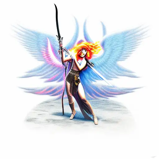 Male Angel Striking A Female Demon Down With A Flaming Sword