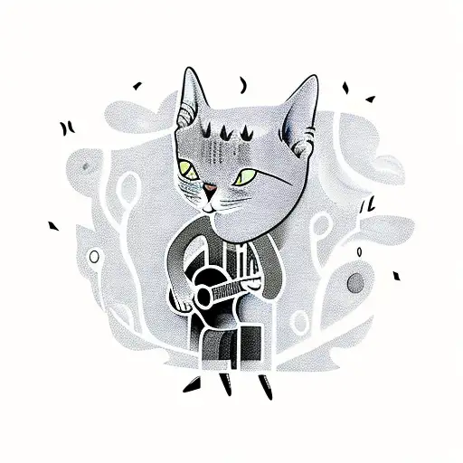 A Whimsical Tattoo Of A Cat Playing A Guitar In A Forest Filled With Musical Notes