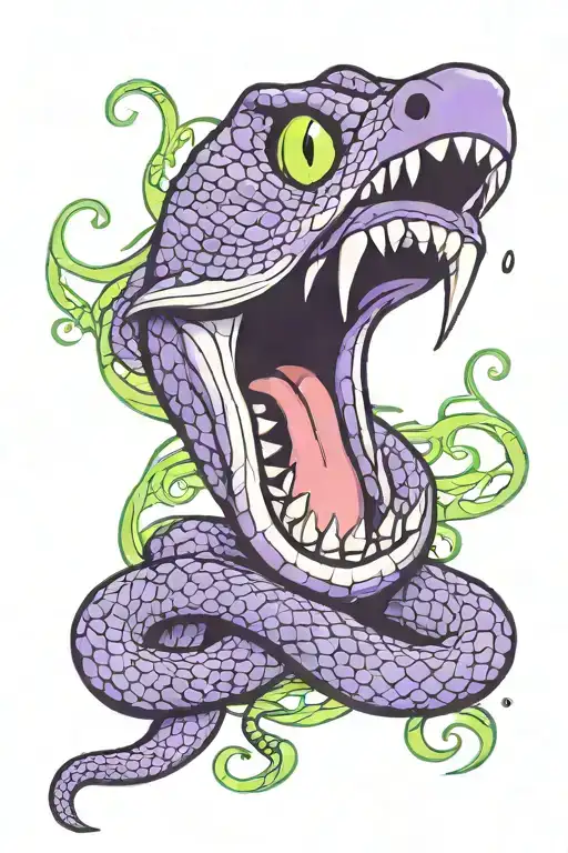 Black And Purple Snake With Mouth Open Green Fangs