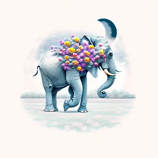 Elephant With The Moon In The Background Walking In A Field Of Dahlia Flowers
