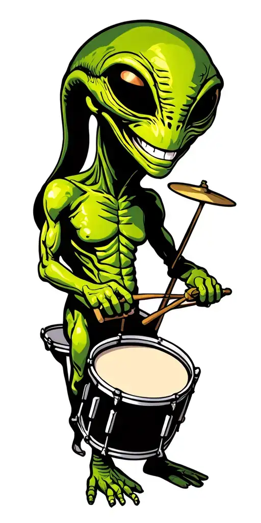 Cartoon Alien Smiling And Playing Drum Kit