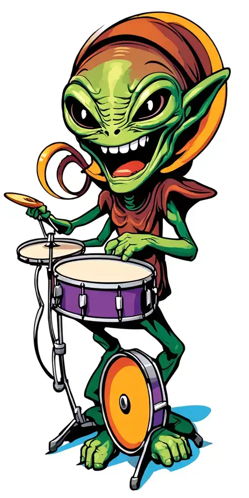 Cartoon Alien Smiling And Playing Drum Set Surrounded