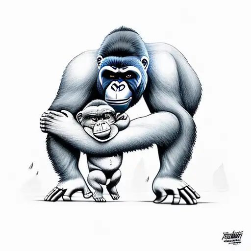 Gorilla Hunched Over Little Human Boy Shielding Him From The Rain