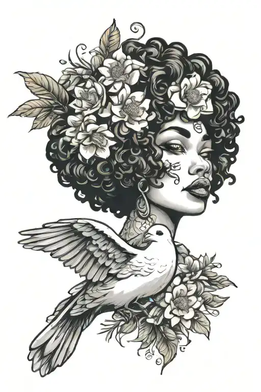 Dove With Dhalia Cherry Blossoms And Afro Latina Face