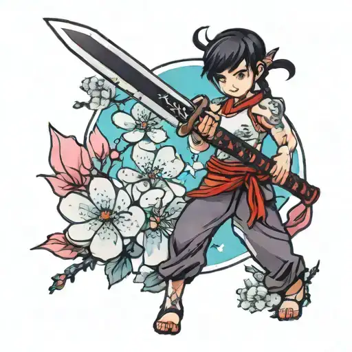 Cherry Blossom With Katana Sword Surrounded
