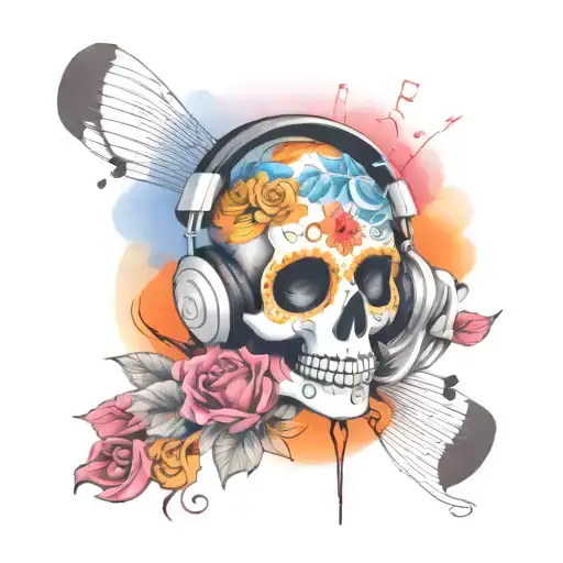 Day Of The Dead With Headphones And Music Notes Intertwined In The Design