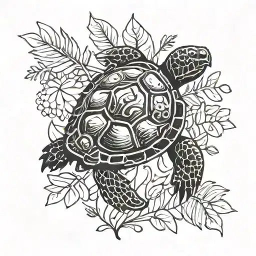 A New School Tattoo Of A Turtle Surrounded By Rainforest Foliage
