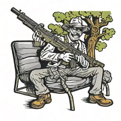 An It Professional Coding On A Laptop With A Hunting Rifle Leaning Against A Tree