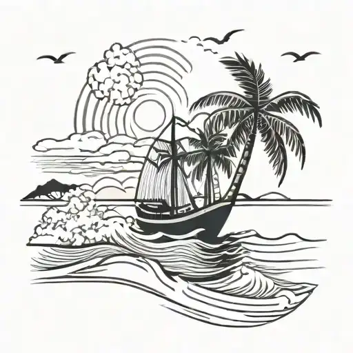 New-school Style Beach Scene With Palm Trees And A Boat Sailing On The Horizon