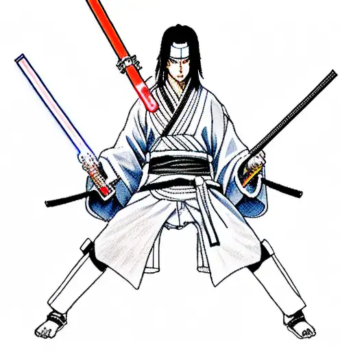 Samurai Itachi Holding A Lightsaber In An Akatsuki Robe