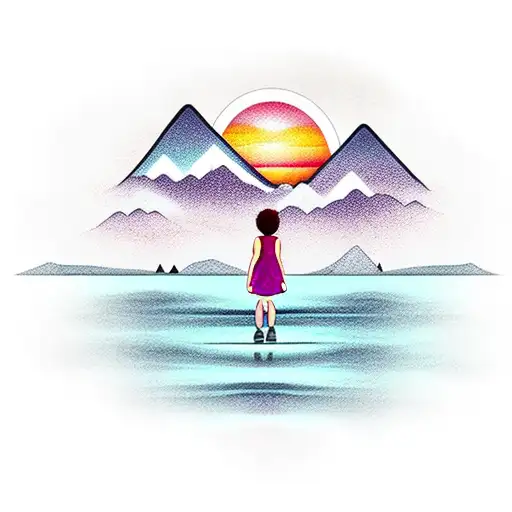 Little Girl Standing In Front Of Lake With Small Mountains In The Distance And A Sunset
