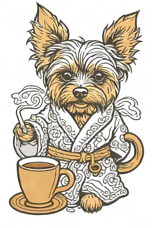 Yorkie Dog In A Bathrobe With A Cup Of Coffee