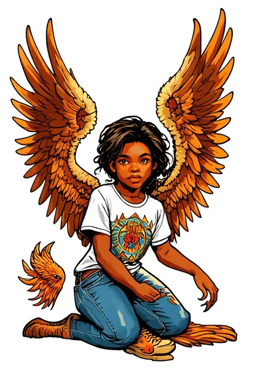 Brown Skinned Angel With Pheonix Wings Wearing Jeans And A Tshirt