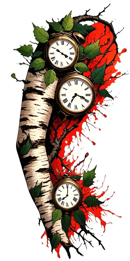 Birch Branches With Hunter Green Leaves With Only Three Clocks Integrated Into It For An Arm Sleeve