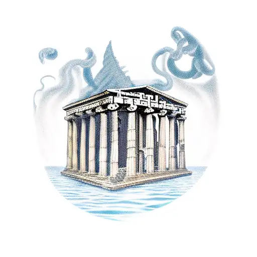 Greek Temple From Which A River Of The Underworld Comes Out With A Charonte On It And Medusa