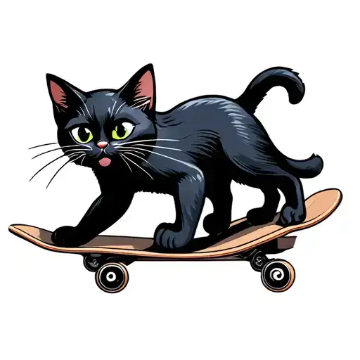 Black Cat Riding On A Skateboard Deck With Wheels