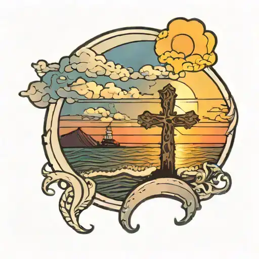 An Artistic Interpretation Of A Sunset Over The Ocean With A Christian Cross In The Foreground