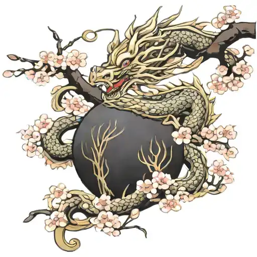 Golden Dragon Wrapped On A Sakura Tree With A String Of Hope