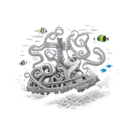 Scuba Diver With A Sunken Ship With Octopus