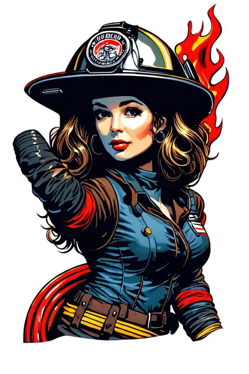 Firefighter Pinup Girl With Fire Hose Wearing Motorcycle Helmet