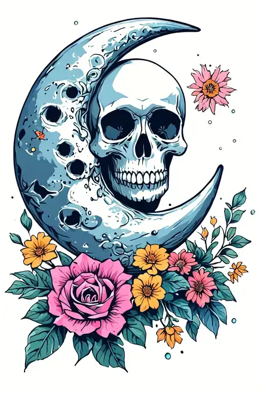 Moon With A Skull And Flowers