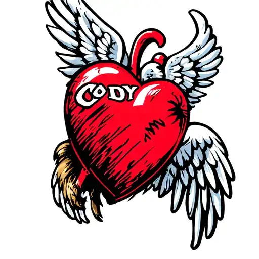 Flying Red Heart With Wing And White Name Cody