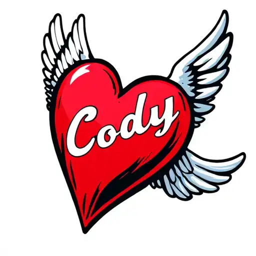Flying Red Heart With Wing And White Name Cody