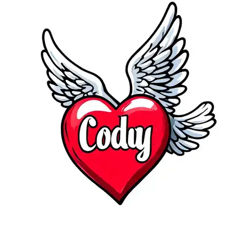 Flying Red Heart With Wing And White Name Cody
