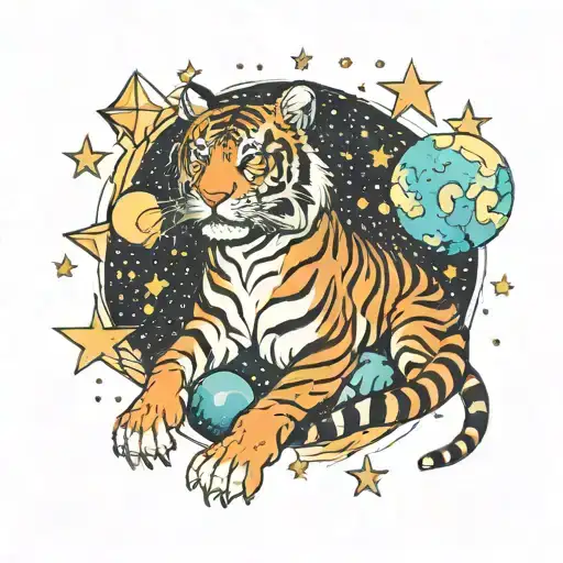 A Tiger Floating In Space Surrounded By Galaxies And Stars