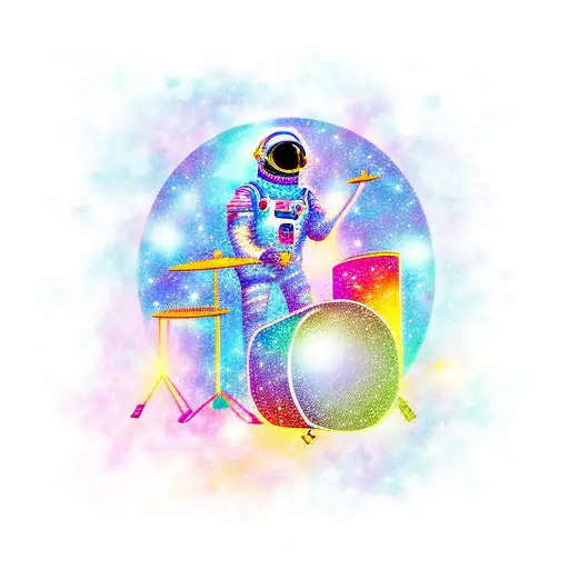 Astronaut Playing The Drums On A Colorful Galaxy Background