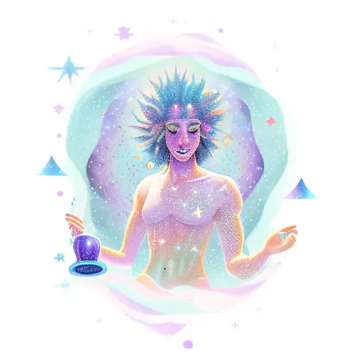 A Mystical Scene Of A Water Bearer Pouring Out A Constellation Of Pink And Purple Stars