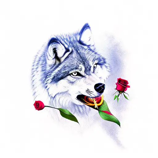 Lone Wolf With Rose On The Mouth