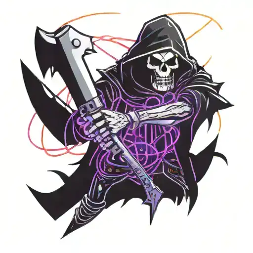 A Pixelated Reaper Wielding A Scythe Surrounded By Neon Lights And Computer Code