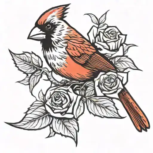Cardinal Bird And A Red Rose