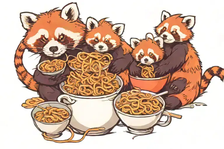Red Panda Mother With 4 Baby Red Pandas Eating Ramen Noodles